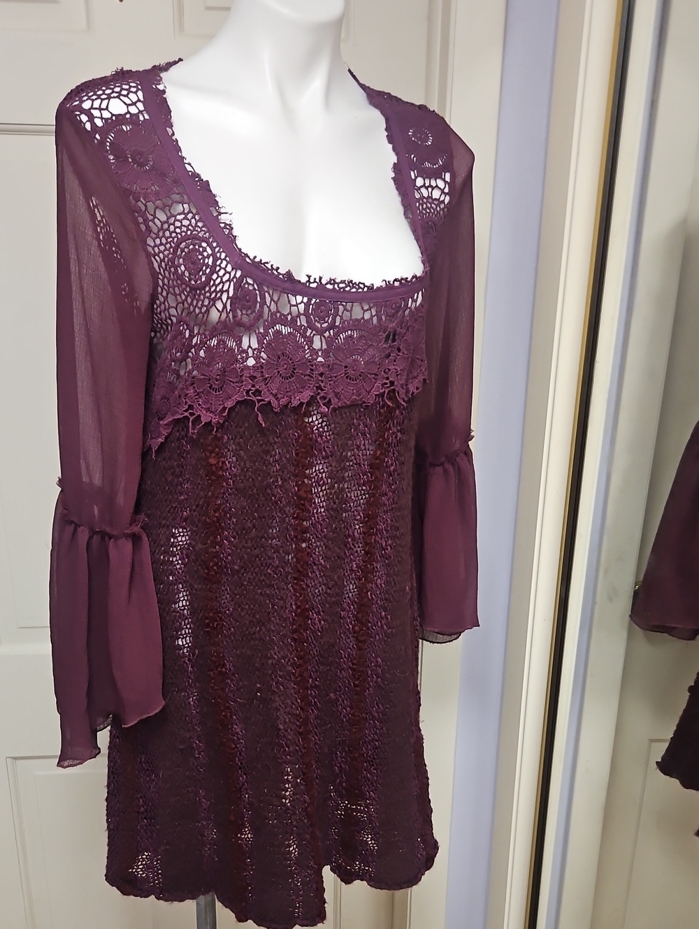 Free People Plum Lace & Crochet Sheer Bell-Sleeve Chemise